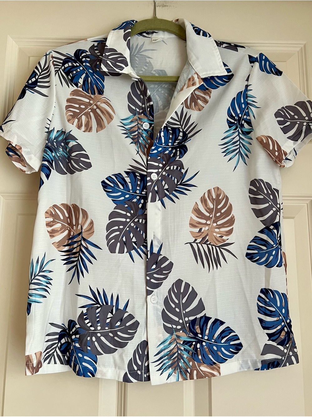 Boys’ White Button-Down Shirt with Blue and Brown Tropical Leaf Print
